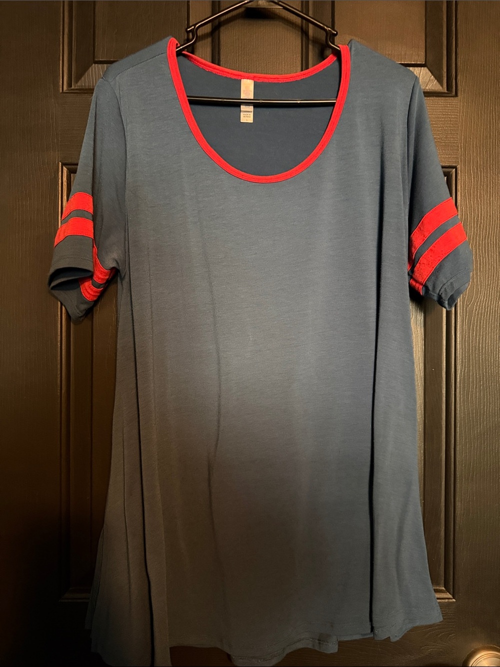 LuLaRoe Navy Tee with Red Trim and Sleeve Stripes